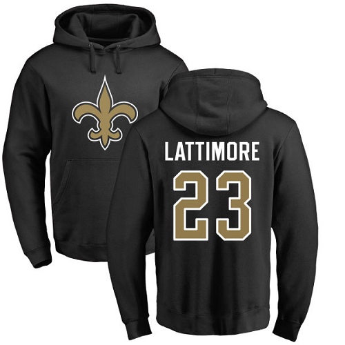 Men New Orleans Saints Black Marshon Lattimore Name and Number Logo NFL Football #23 Pullover Hoodie Sweatshirts->nfl t-shirts->Sports Accessory